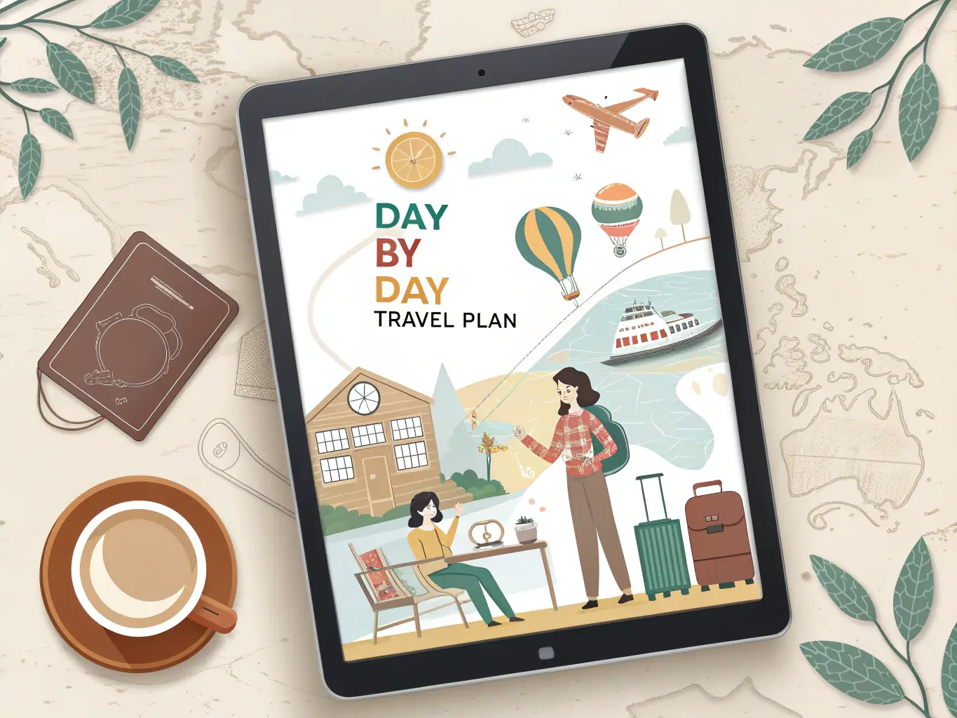 A vibrant image showcasing AI-generated travel content, such as a personalized itinerary displayed on a tablet against a backdrop of a sunny beach.