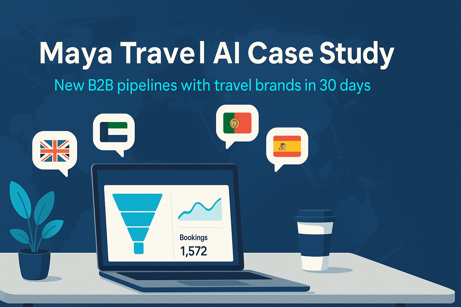Maya Travel AI case study visual showing a laptop with funnel and bookings chart, speech bubbles with country flags, and the line “New B2B pipelines with travel brands in 30 days”
