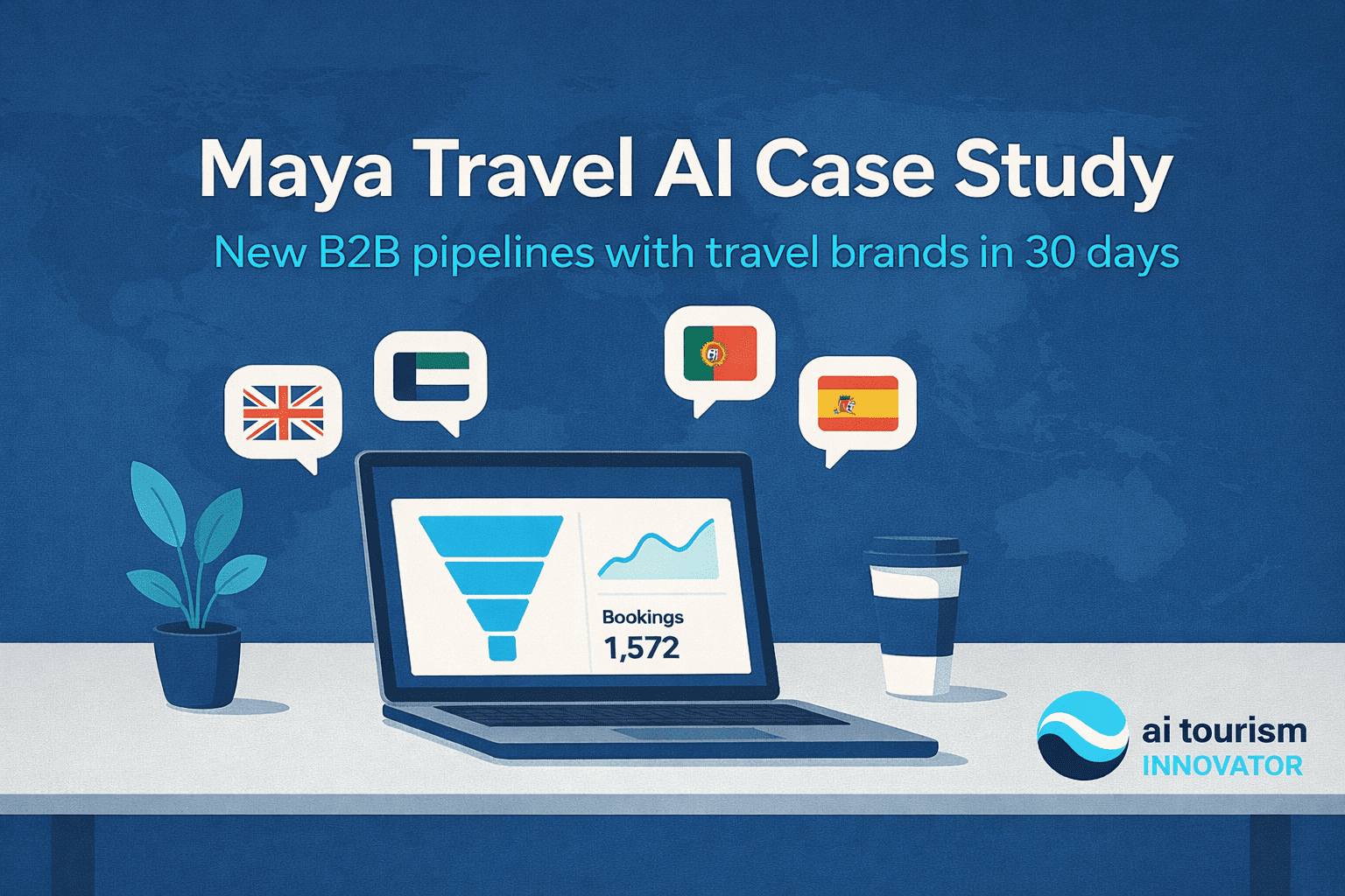 Maya Travel AI case study visual showing a laptop with funnel and bookings chart, speech bubbles with country flags, and the line “New B2B pipelines with travel brands in 30 days”